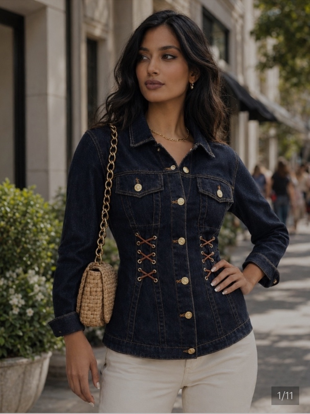 Anthropologie Dark Indigo Denim Corset Jacket with Gold Buttons